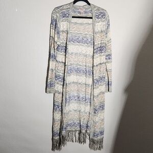 Fresh Cardigan Womens Size XL Long Fringe Knit Boho Whimsy Blue Tan